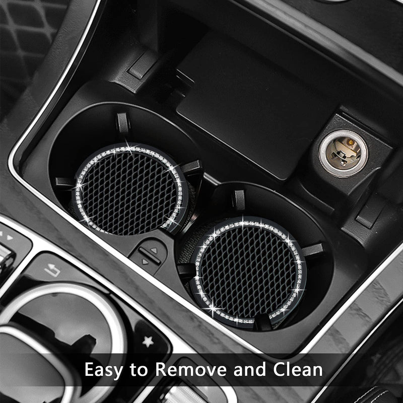 2PCS Bling Car Cup Coaster, 2.75 Inch Auto Cup Holder Insert Coasters Silicone Anti-Slip Crystal Rhinestone Drink Mat, Universal Vehicle Interior Accessories for Women Girls (Black) Black 2pack