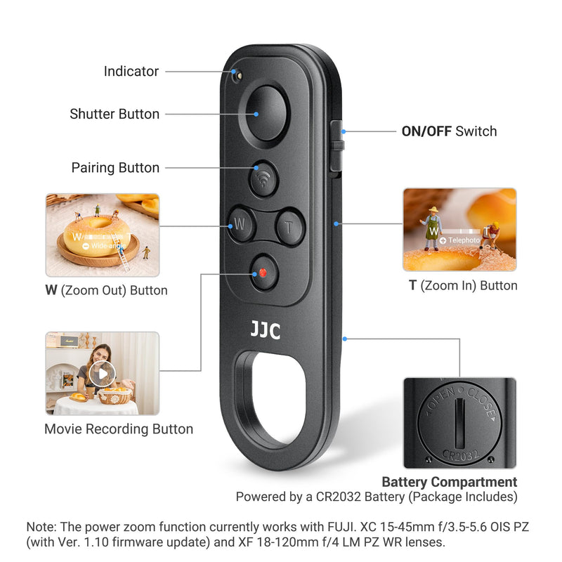 JJC Bluetooth Wireless Remote Control for Fujifilm Fuji X100VI X-T5 X-T4 X-T3 X-T50 X-T30 II X-T30 X-S20 X-S10 X-H2S X-H2 Camera, Camera Zoom Remote Controller Replaces Fujifilm TG-BT1 Tripod Grip