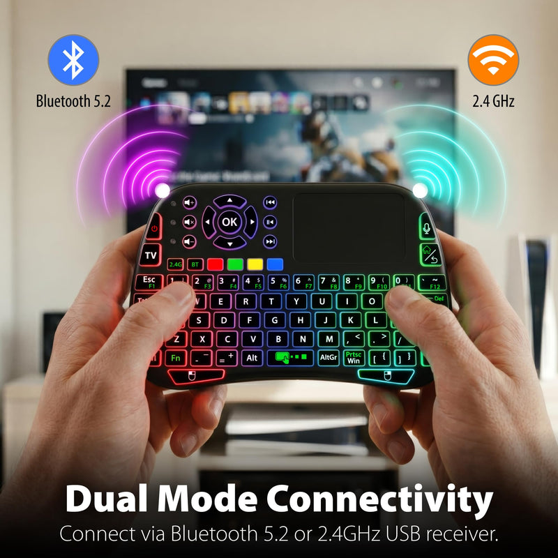 Fosmon Mini Keyboard with Touchpad Mouse, 2.4G & 5.2 Dual-Mode Multimedia Hotkeys, Small Wireless Bluetooth Handheld Keyboard with RGB Backlit for Android TV Box, Smart TV, Raspberry Pi, PC, Phone
