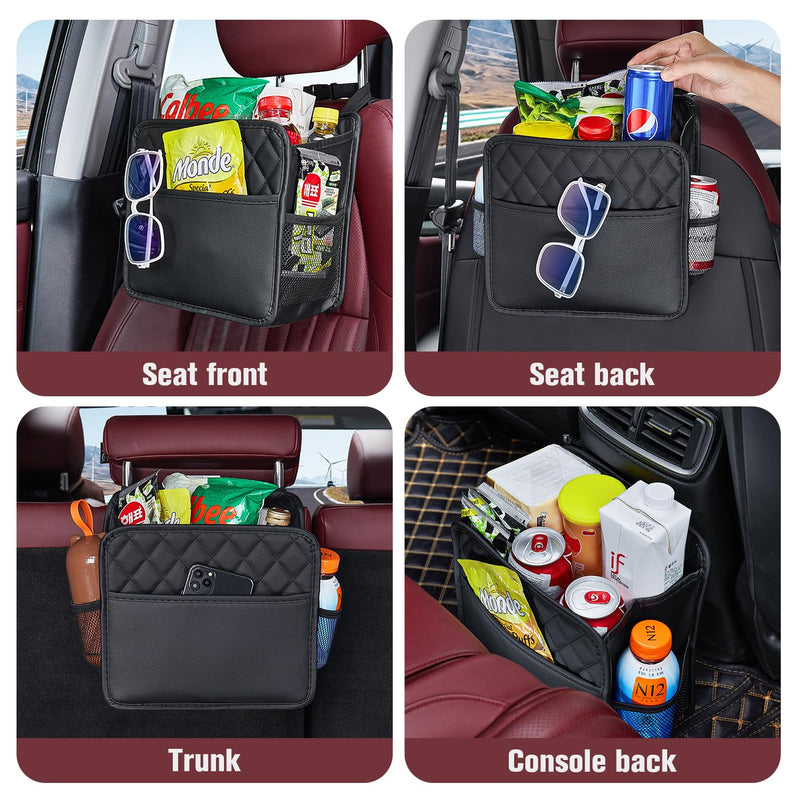LXUNYI Car Organizer Back Seat, 2 Pack Waterproof Pu Leather Car Seat Storage Bag Large Foldable Universal Hanging Car Seat Back Organizer for Kids & Adults with Cup Holders Car Travel Accessories Black 2Pack Large