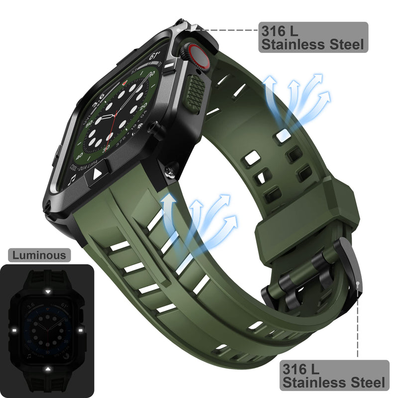 T-ENGINE Metal Case Compatible with Apple Watch Series 7/8/9 (45mm) for se Series 6/5/4 (44mm), One-Piece Metal Case with TPU Band for 45mm 44mm Black+Army Green 44mm-Series 6 SE 5 4