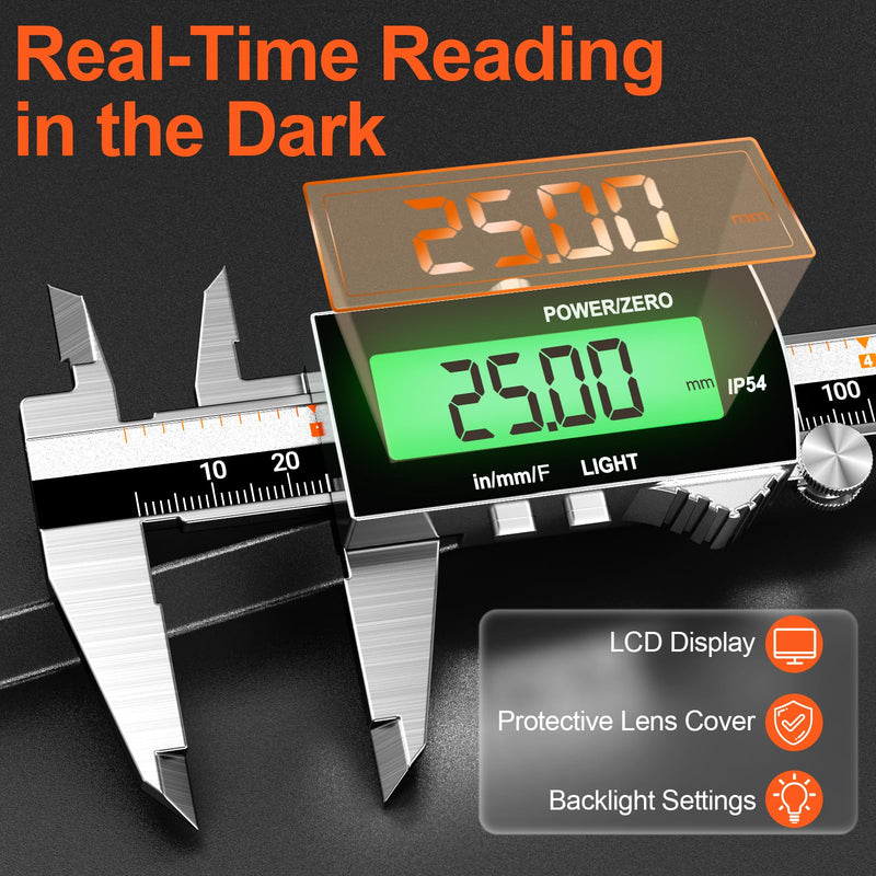 Preciva Backlight Digital Caliper,6inch IP54 Waterproof Rechargeable Electronic Micrometer with LCD Screen, Measurement Conversions for in/MM/F Precision Tool for DIY and Professional Use（Black）