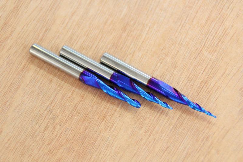 3PCS 1/8 1/16 1/32 inch Cutting Diameter Tapered Ball Nose End Mill Set Spiral CNC Router Bits Nano Coated Up Cut Solid Carbide 2D and 3D Carving 3.6 Deg 5.4Deg 6.2Deg with 1/4 Inch Shank T4660BC 1/8, 1/16 ,1/32 inch Cutting Diameter