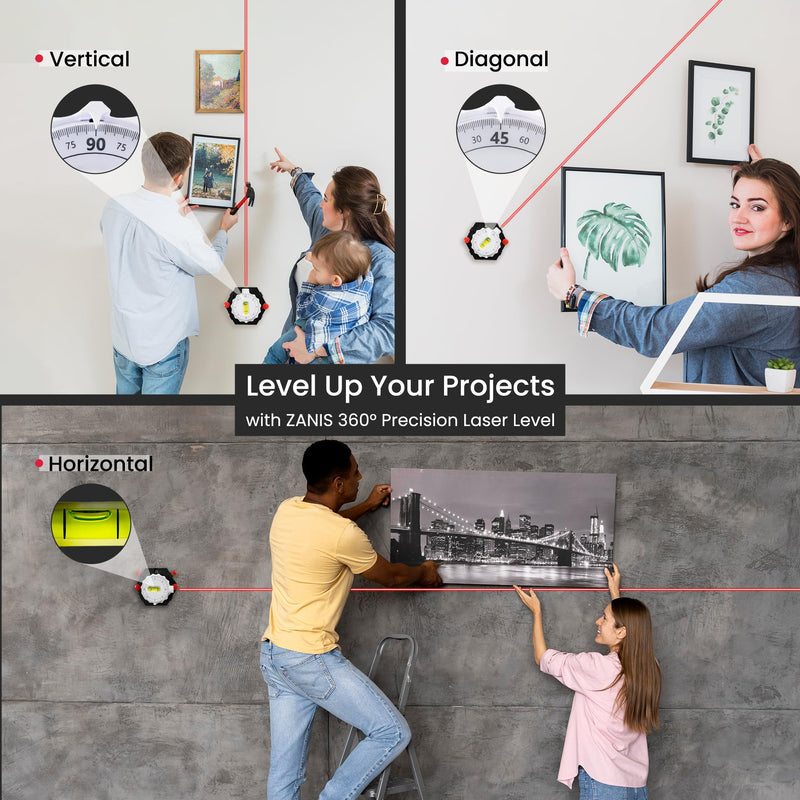 ZANIS Multi Surface Laser Level – 360° Dual Dials with Bubble Level – Wall-Mountable with Pins, Screws, or Sticky Pads – Precision Tool for Hanging Pictures, Shelves, and DIY Projects