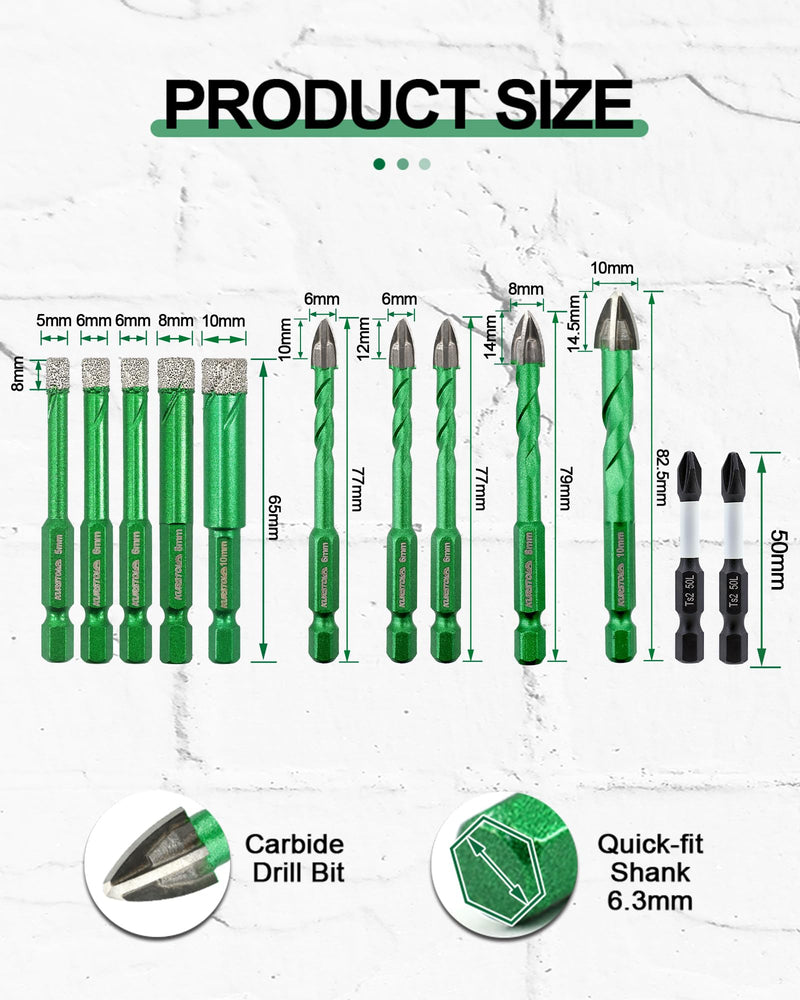 Diamond Drill Bits Set 12pcs, 3/16" - 3/8" Tile Drill Bit with PH2 Screwdriver Bit for Porcelain Tile Ceramic Stone Granite Marble, Quick-fit Hex Shank 5/6/6/8/10mm+5/6/6/8/10mm+Screwdriver 12