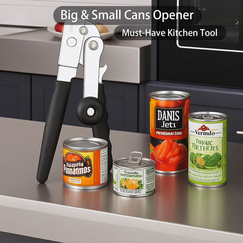Heavy Duty Manual Can Opener Smooth Edge, Hand Crank Cans Opener for Adults Seniors, Kitchen Camping Tools, Stainless Steel, Black