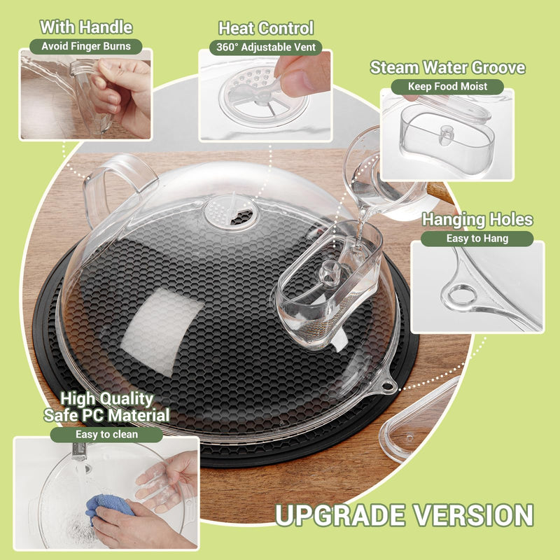 Microwave Splatter Cover for Food, Clear Microwave Lid with Water Steamer, Integrated Handle, Splatter Guard, 10” Plate Covers & 12" Mat, BPA-Free, Essential Kitchen Gadgets and Accessories 10.5"×10.5"×4.2" transparent