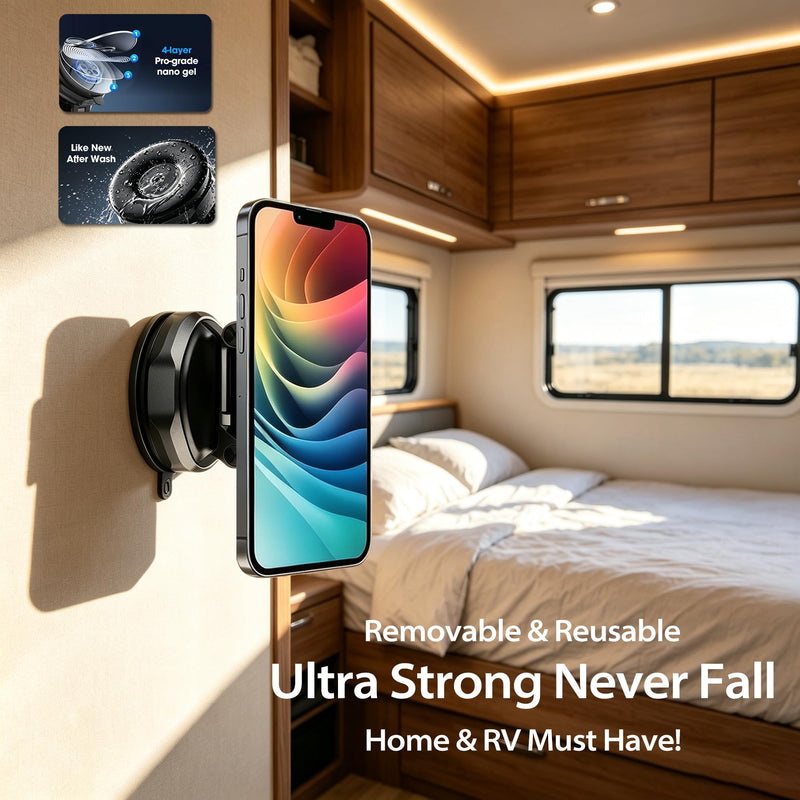 Magnetic Wall Phone Holder for Shower Mirror Glass Tile & Kitchen | 2026 Modern Home Decor & RV Accessories; 360° Adjustable; Nano Gel Suction Cup; Strong Magnet; Fits iPhone 12-17 & All Phones