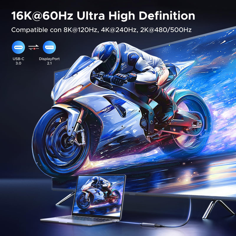 UGREEN 16K@60Hz USB C to DisplayPort 2.1 Adapter 8K@120Hz 48-bit Color Depth 80Gbps Thunderbolt 5/4 to Display Port Compatible with iPhone 17 ProMax, MacBook Pro/Air/Mini, iPad, Galaxy, Steam Deck