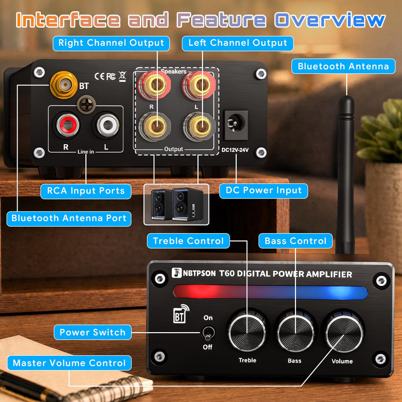 T60A Bluetooth Stereo Amplifier 100W×2 RMS 2CH Receiver | Bluetooth AmpIDual ChipTPA3116 Amp with Bass Treble KnobI 2 Channel Amp with Bluetoothfor Bookshelf, Ceiling, Garage