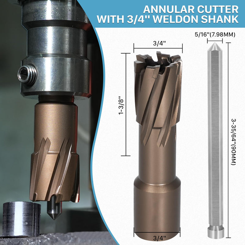 KEENTECH Carbide-Tipped Annular Cutter, 3/4" Dia. x 1-3/8" Depth, 3/4'' Weldon Shank, TCT Mag Drill Bit with Advanced PVD Nano-Coating for Faster, Smoother, Longer-Service Life Cutting Harder Metal 3/4" diameter