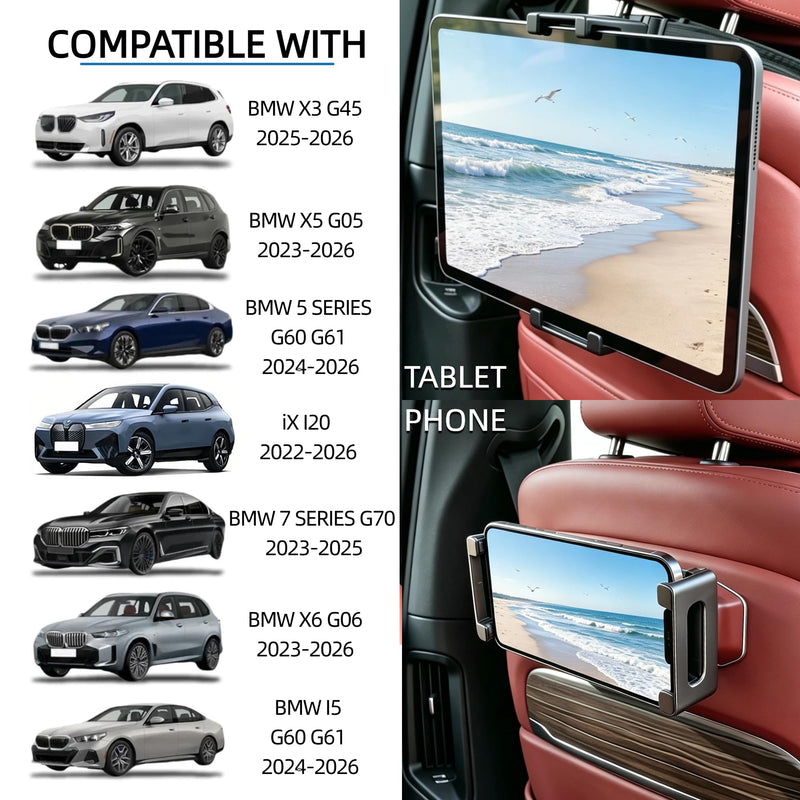 Car Tablet Holder for BMW X3 X5 X6 5/7-Series iX I20 G05 I5 G06 G60 G61 G70 G45, BackSeat Tablet Headrest Mounts 360° Rotation Strong Gravity Clamp Trip Travel Essentials Accessories for phones, Black