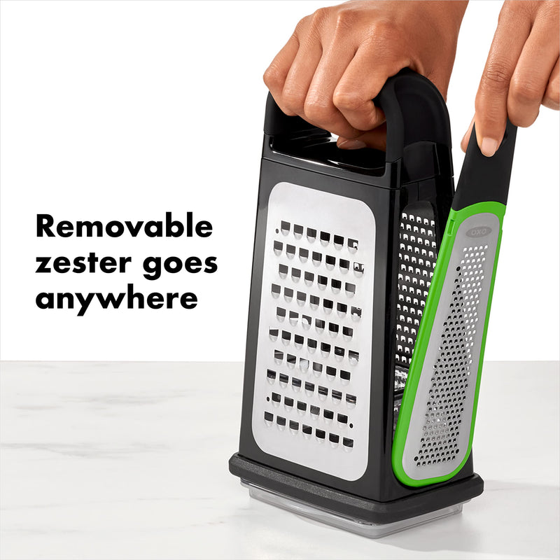 OXO Good Grips Etched Box Grater with Removable Zester | Ideal for Grating Cheese or Zesting Fruits | Storage Container Included | 4 Sided Grater | Comfortable Handle Box Grater with Removeable Zester