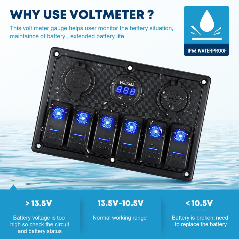 Kohree 6 Gang Marine Boat Rocker Switch Panel Waterproof + USB Switch, 12 Volt RV Led Switch Panel for Marine Boat Car Truck, Digital Voltmeter Display QC3.0 Dual USB Charger Port DC 12V Socket 12/24V