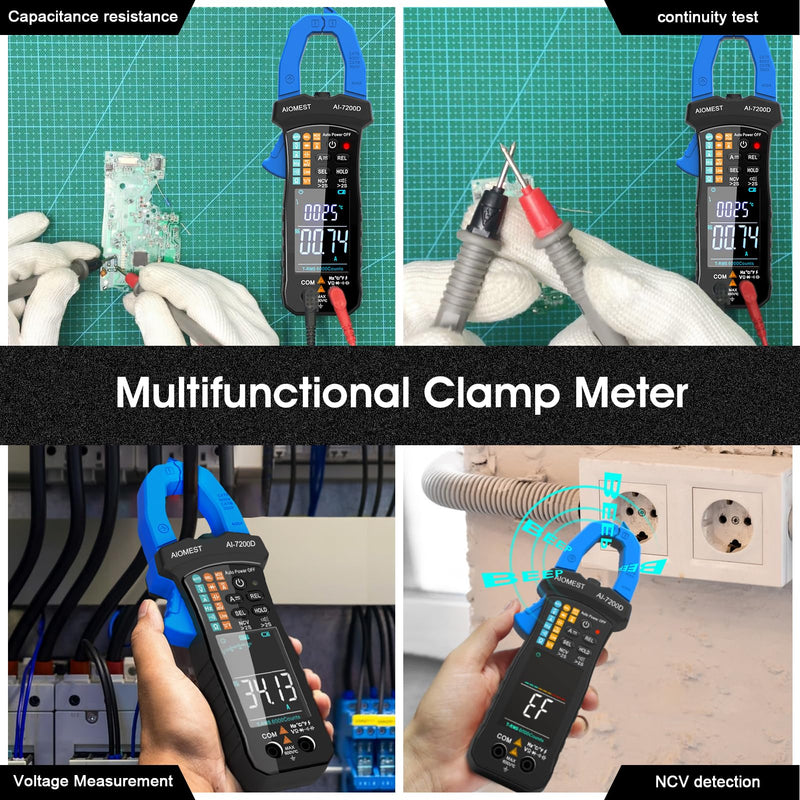 AIOMEST Digital Clamp Meter, 6000 Counts Handheld Multimeter Slim Voltage Tester Auto-Range 60A/400A True-RMS w/NCV, DC & AC, Temp, Volt Ammeter AI-7200D