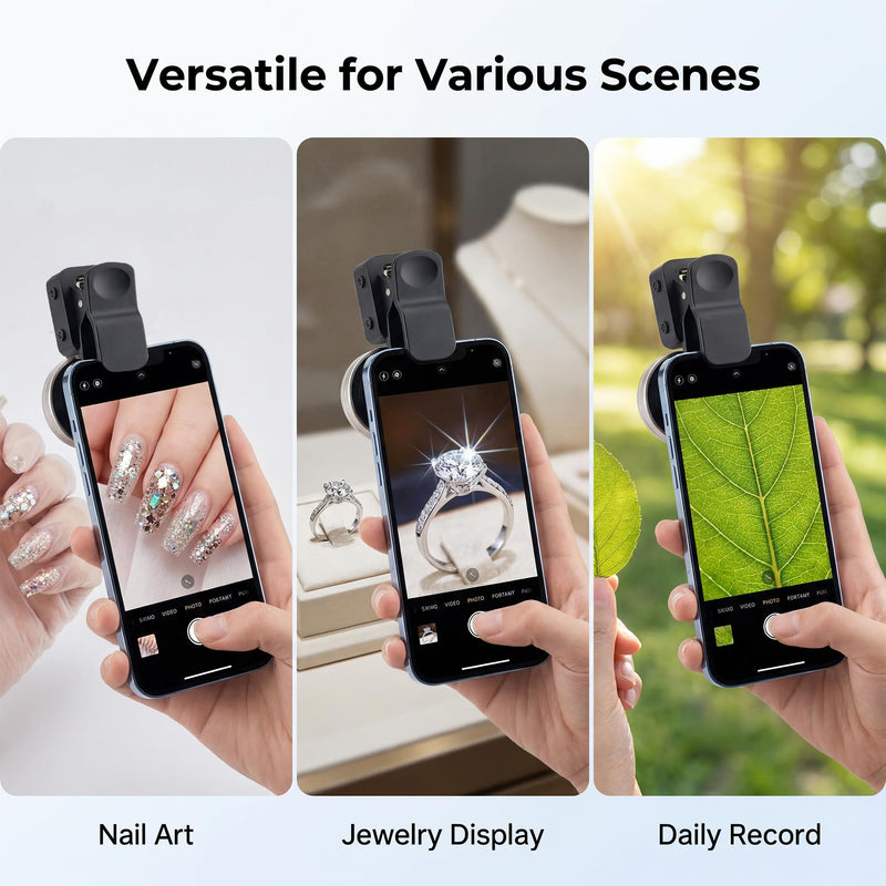 Macro Lens for iPhone 10X Phone Camera Lens Kit with Fill Light & Star Filter, Magnetic Warm/Cool Fill Light Universal Clip for Nail Art & Jewelry Photography