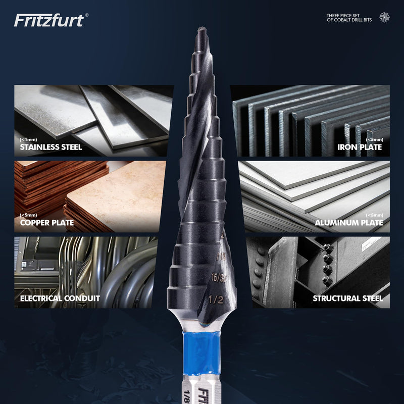 3-Piece M35 Cobalt Step Drill Bit Set — CBN Ground, AlTiN Coated, 1/4" Hex Shank | 6, 10 & 13 Steps | 1/8"–3/4" | Sheet Metal, Stainless Steel, Electrician
