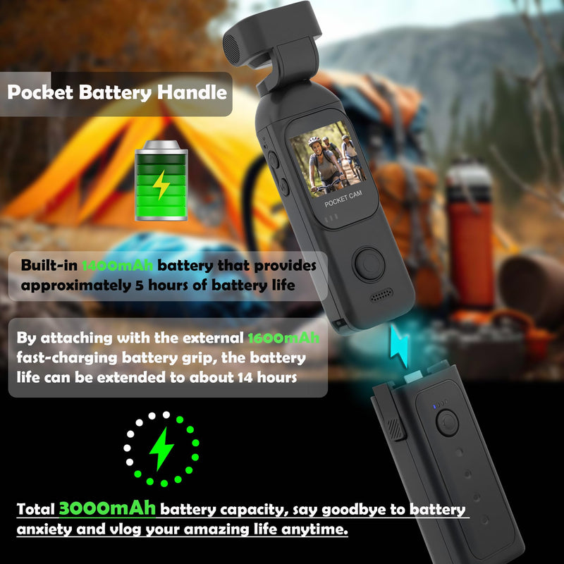 Vlogging Camera 1080P with External 7 Hours Battery Handle Grip | Pocket Camera, Body Cam, Touch Screen, WiFi, Dual Adjust Rotated 330 Degrees Lens, 32GB Card, Vlogs for daily life, travel