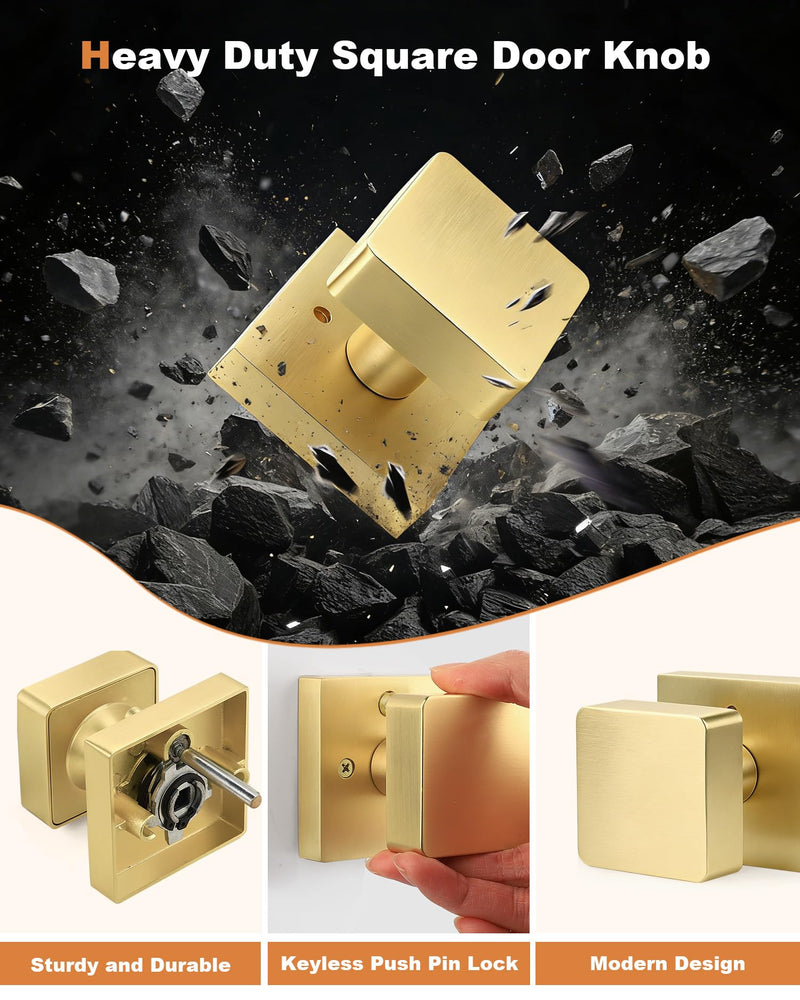 Probrico 1 Pack Gold Square Door Knobs, Modern Heavy Duty Design Door Handle for Bedroom Bathroom, Keyless Privacy Interior Door Knob with Lock