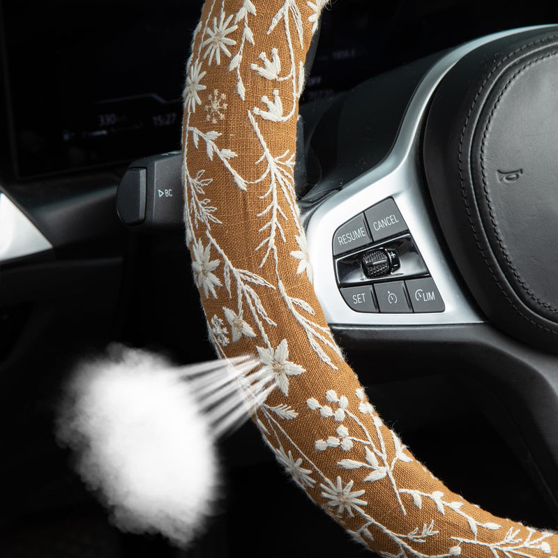 Brown Japanese Style Flower Steering Wheel Cover Auto Embroidery Steering Wheel Protector, Anti-Slip, Breathable, Absorbing Sweat, Universal Car Accessories 14.5–15 inch,Fit for Most Car, Trucks, SUV Brown Japanese Style Flower JQ 15 inch