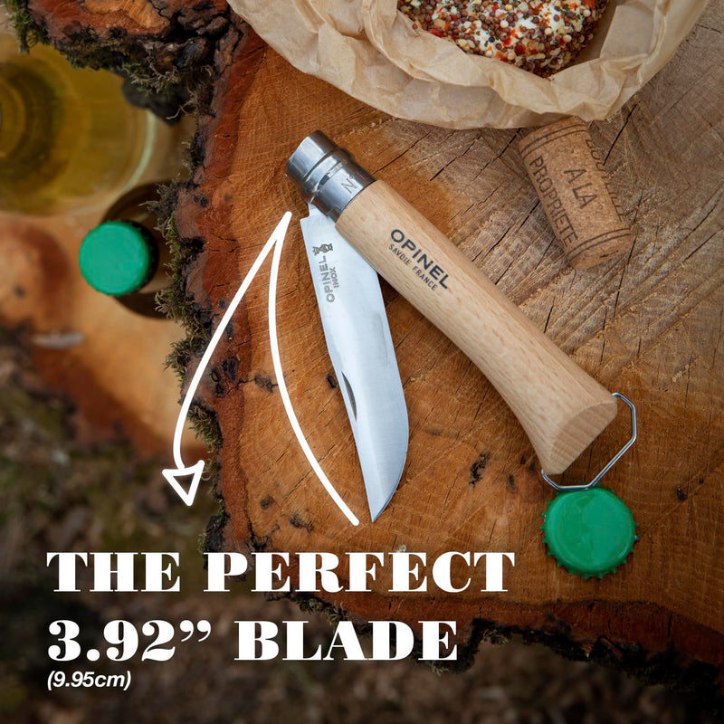 Opinel No. 10 Stainless Steel Corkscrew Wine and Cheese Folding Knife, Integrated Corkscrew + Bottle Opener, Beechwood Handle - Picnic Pocket Knife Made in France (Updated Version) Updated Version
