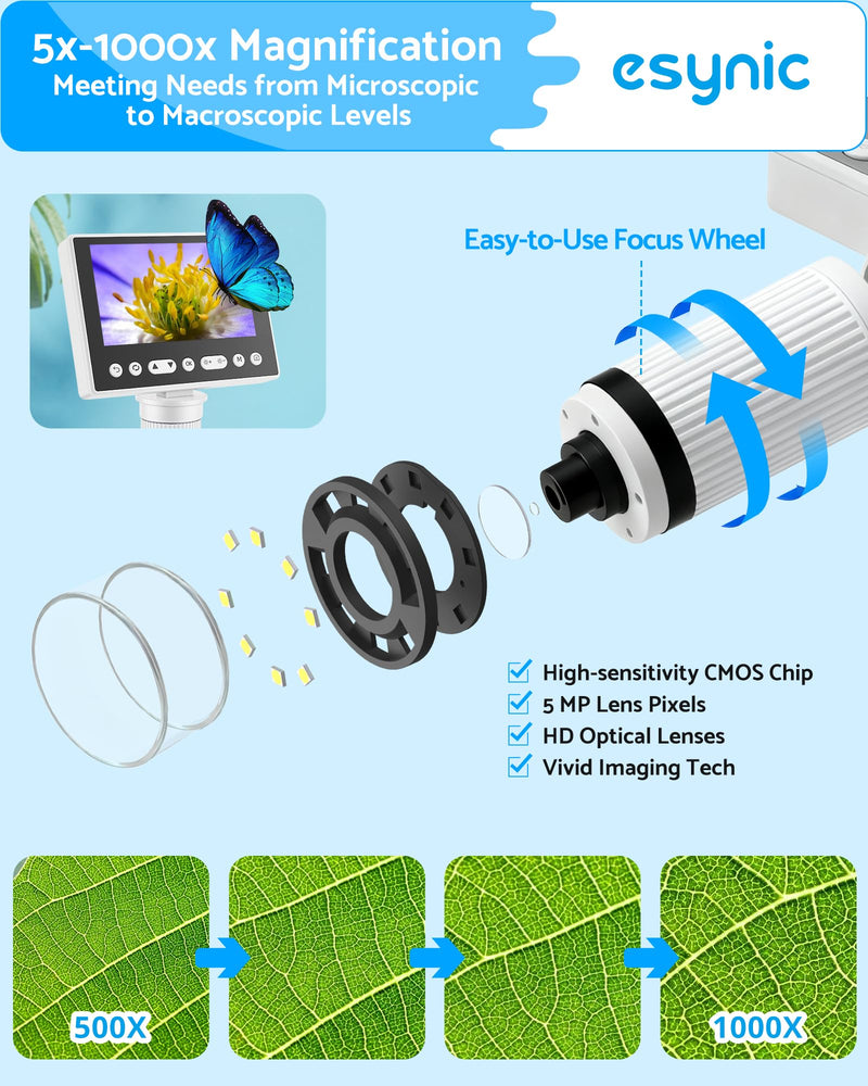 eSynic 1080P HD Digital Coin Microscope-4.5" LCD Screen with Adjustable 1000X Magnification-USB-C Rechargeable Coin Magnifier Microscope Camera with 32GB Card & 10 LED Lights-Windows/Mac Compatible