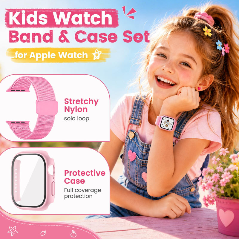 Compatible with Kids Apple Watch Band with Case 38/40/41/42/44/45mm | Stretchy Nylon Strap with Protective Cover and Screen Protector for iWatch Series 9 8 7 SE3 SE2 SE 6 5 4 3 2 1 Pink 40mm