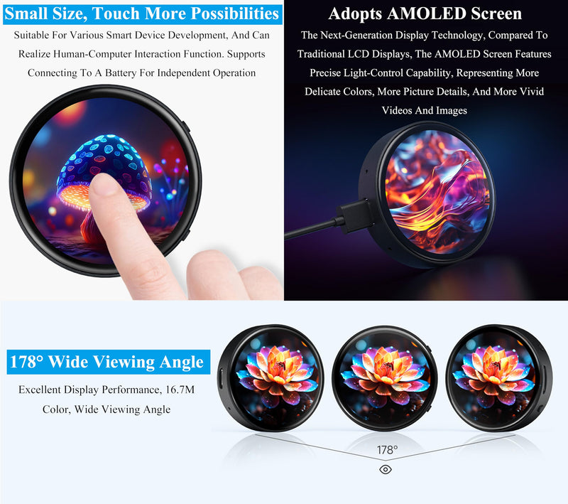 ESP32-S3 with 1.75inch AMOLED Round Touch Display Development Board, 466x466, QSPI Interface,Onboard Dual Digital Microphone Array, Support AI Speech Interaction, with 8Ω 2W Speaker and GPS Antenna