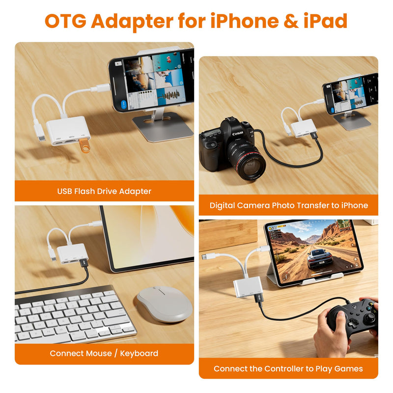 3in1 USB-C and Lightning to HDMI Adapter & OTG Adapter for iPhone iPad - 1080P MFi Apple Lightning Digital AV Adaptor with Charging & USB Flash Drive Ports for iPhone 17-6/iPad to Projector/Monitor/TV