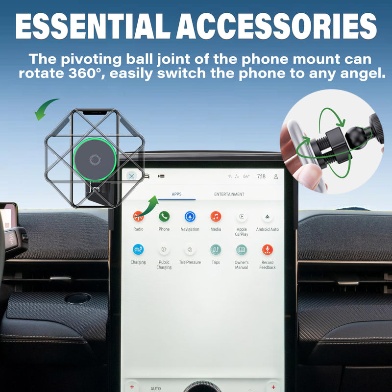 Car Phone Mount for Ford Mustang Mach-E 2021-2026 15.5" Screen Accessories | MagSafe 15W Fast Wireless Charger Cell Phone Holder,360° Rotatable 3D Fit Navigation Clip-On Cradle,will Not Block Air Vents fit for 2021-2026 Ford Mustang Mach-E(15.5 Inch)