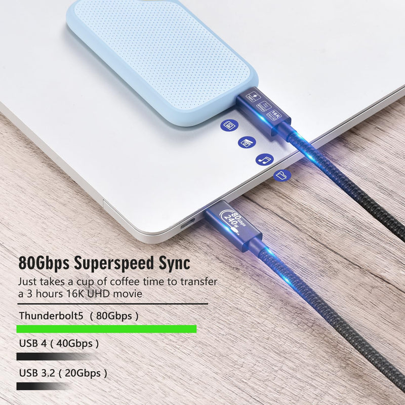 with Thunderbolt 5 Cable,USB4 Cable, 240 W Charging, 80 Gbps Data, gen4,16K@60Hz 4K120Hz HDR, USB C to USB C, for Hub, Dock, M2, M3, SSD, Laptops, Monitor (TB5 80G 240W 0.5M) TB5 80G 240W 0.5M