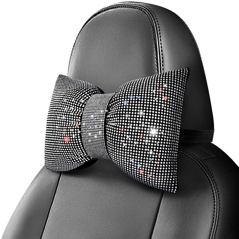 surpassme 2PCS Rhinestone Car Headrest Neck Pillow for Driving with Bling Bling Crystal Bow Pillow Car Accessories for Women (Silver/White) 2 White Pillows