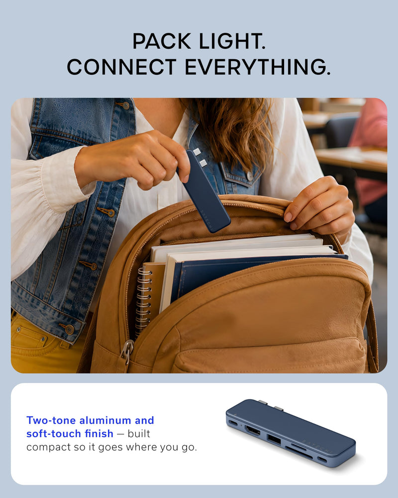 Satechi 6-in-2 USB-C Snap Hub, 4K/60Hz HDMI, for MacBook Neo, Indigo | USB hub, 45W PD pass-through charging, SD & microSD card readers, 5 Gbps Type-A/Type-C data, for MacBook Neo