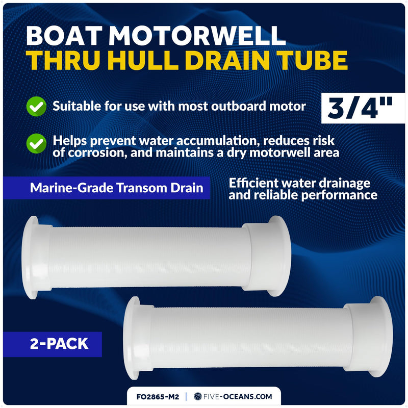 Five Oceans 3/4-Inch Boat Motorwell Thru Hull Drain Tube, White Nylon, Livewell Overflow Drain Tube 2 Pack