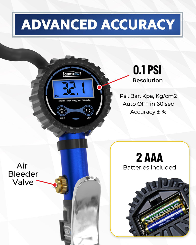 Presta Valve Air Chuck – Digital Bike Tire Inflator with Pressure Gauge – Schrader to Presta Valve Adapter for Air Compressor Blue (Classic Style)