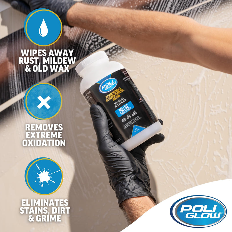 Poli Ox® Oxidation Removal Kit for Boats, RVs, or Fiberglass Surfaces–Removes Heavy Oxidation, Stains & Grime–Safe on Fiberglass, Gelcoat, Vinyl Decals: Includes 16 oz Cleaner, Scrub Pad & Sanding Pad Powder Ox