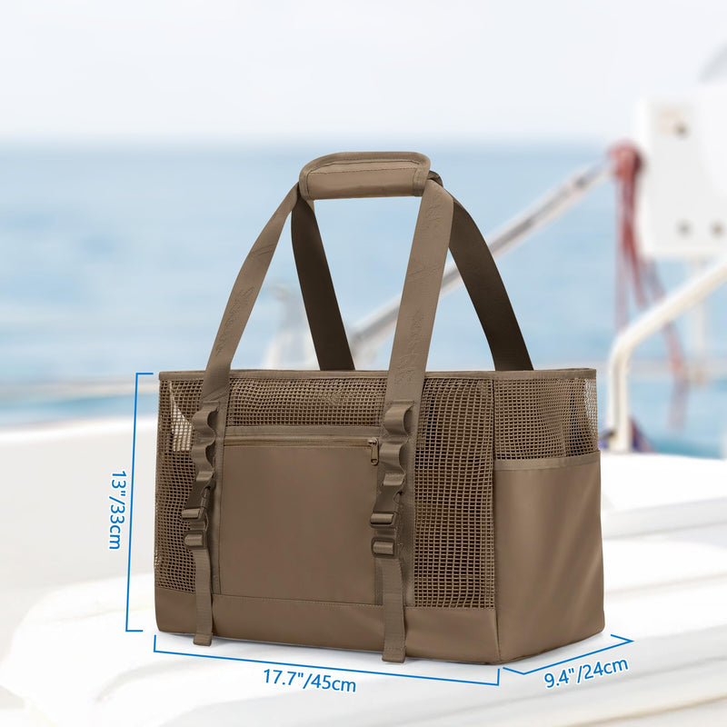 Yarwo Boat Gear Tote Bag, 35.5L Waterproof Boat Accessories Organizer with Marine-grade Coated Mesh and Wet Dry Pockets Brown