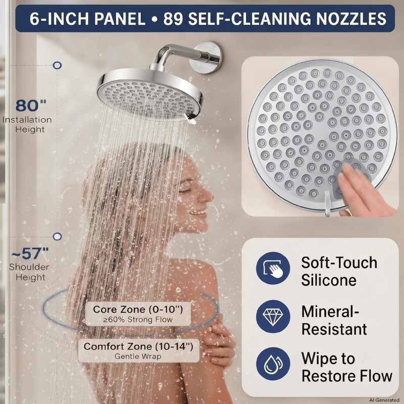 6" High Pressure Shower Head, 7-Setting Fixed Showerhead with Premium Adjustable Angle, Rainfall for Low Water Pressure Homes & Apartments, Self-Cleaning, Tool-Free Install, Chrome