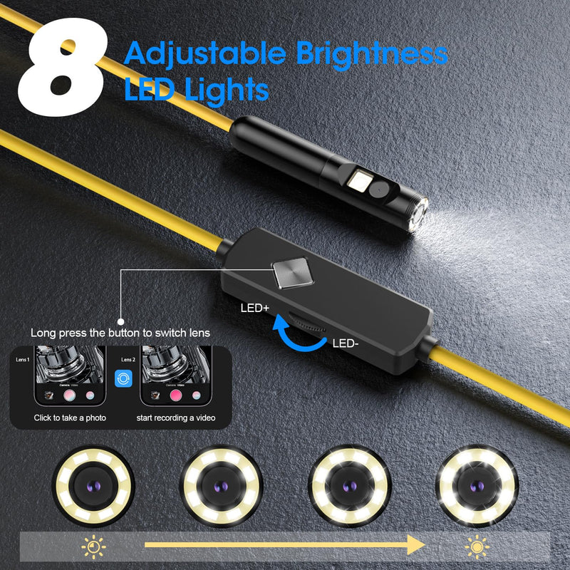 Endoscope with Light, 1920P HD Borescope with 8 Adjustable LED Lights, 32.8FT Semi-Rigid Snake Camera, IP67 Waterproof Inspection Tool for iPhone & Android - Dual Lens