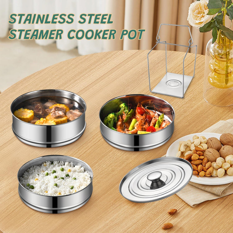Stackable Stainless Steel Pot Inserts, 6QT 2-Tier Steamer Inserts Set with Handles for Instant Pot & Pressure Cookers, Multi-Use Cookware for Pot-in-Pot Cooking, Steaming, Serving (3-Tier, Unequal) 3-Tier, Unequal