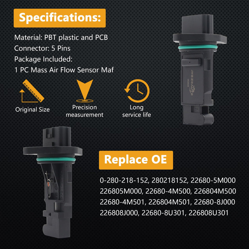 Mass Air Flow Sensor Maf Meter Compatible with Nissan Maxima 2000-2001; Sentra 2000-2001 & Infiniti G20 2000-2002; I30 2000-2001 Replace OE 22680-4M500 22680-6N201