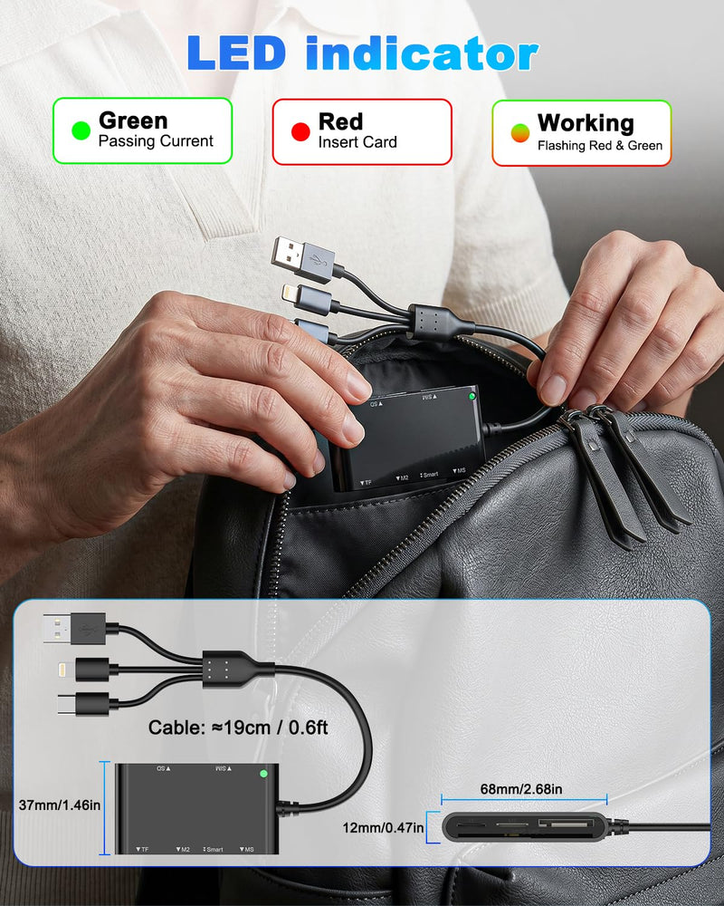 7-in-3 CAC Reader for CAC/SD/TF/M2/ID/IC/SIM/PIV/Ms Card USB A/C/Lightning | USB A/USB C/Lightning 3-Port,SIM Card Adapter for iPhone,Military cac,multi card reader,Plug and Play,Portable Design Black