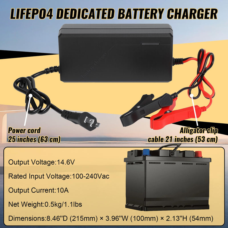 14.6V 10A LiFePO4 Battery Charger for 12V Lithium Iron Phosphate Batteries – Fast Charging, High Efficiency, LED Indicator, Durable Design with Overheat Protection 14.6V 10A