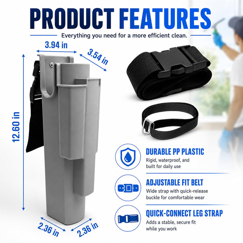 Window Cleaning Holster with Belt and Quick-Connect Leg Strap | Detachable Squeegee Holder Tool, Removable Side Bucket, Multi-Tool Waist Carry Design with Quick Connect Leg Strap