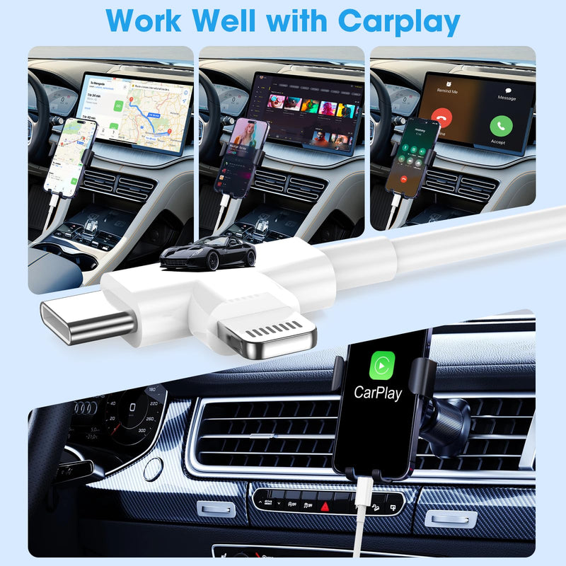 SMALLElectric Car Carplay Cable for iPhone 17/16/15/14/13/12 USB A to USB C & Lightning,Fast Charger Cord,Compatible with iPhone/iPad/Air/Mini/Pro Max/Plus/Galaxy/Pixe (2, White, 3Foot) 2