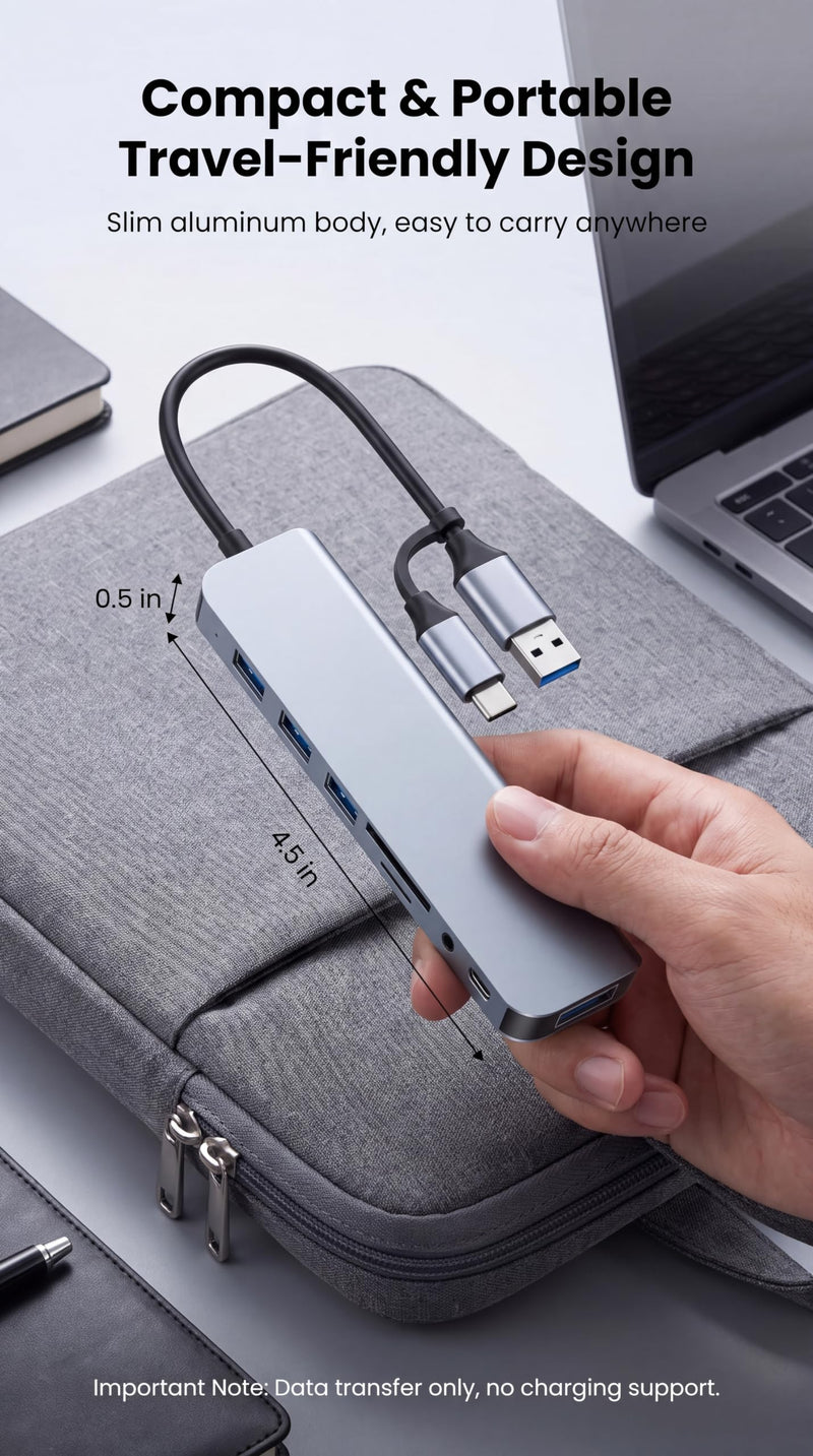 Eanetf 8-in-1 USB C Hub 2-in-1 Connector 4 USB A for Laptop Mac | 2-in-1 USB-A/USB-C connector, 1x USB 3.0 + 3x USB 2.0 + USB-C data, SD/TF dual card slots, 3.5mm audio jack, Plug and play