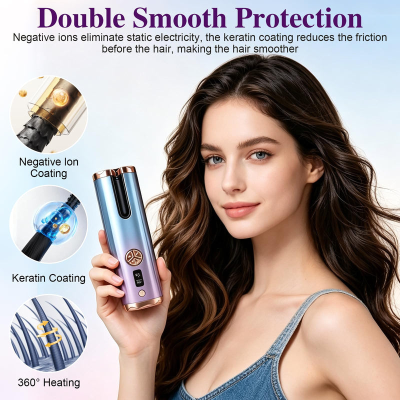 Automatic Hair Curler, dual-temperature display (°C and °F), Curling iron with 6 Temperature Settings,equipped with a 5200mAh battery with left-right rotation function,suitable for home and travel use