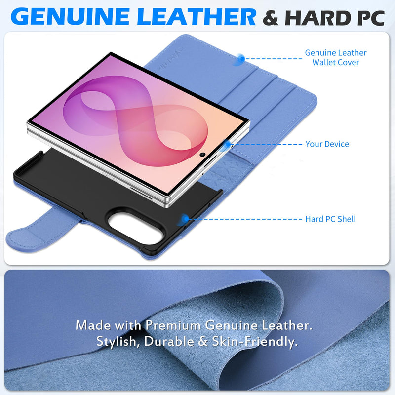 SHIELDON Genuine Leather Case Wallet for Galaxy Z Fold8, Wisteria Purple | RFID Blocking, Credit Card Holder, Magnetic Closure, Viewing Stand, Folio Design, Shockproof Phone Cover