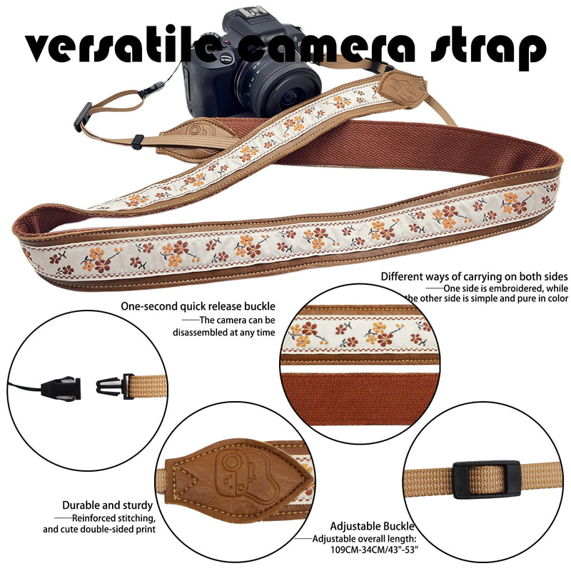 Leather Camera Strap, Quick Release Camera Neck Strap for All Cameras, Retro Jacquard Camera Straps for Photographers Brown Embroidery Camera Strap-04