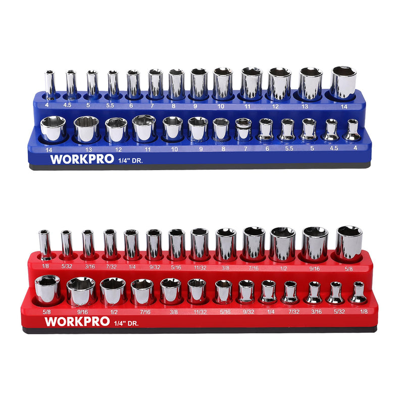 WORKPRO 1/4-inch Magnetic Socket Organizer Set, 2-Piece SAE & Metric Socket Holders, Holds 52 Standard and Deep Sockets for Tool Box, Tool Carts (Sockets Not Included) 1/4" SAE&Metric